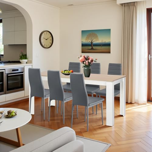 FURNITABLE Juego de mesa con 6 sillas, grupo de comedor, grupo de mesa y sillas con respaldo alto de piel sintética para 6 personas, grupo de asientos para cocina y sala de estar (160 cm, pata de mesa