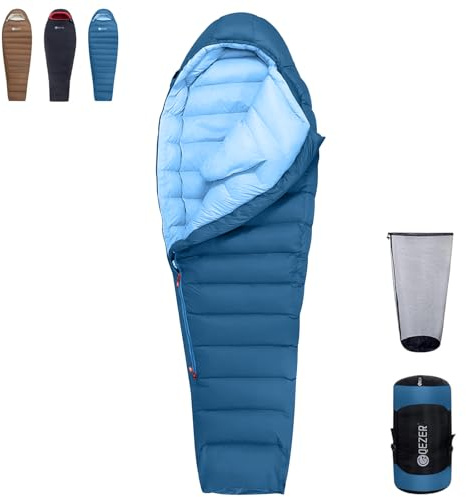 QEZER Sacco a pelo invernale per Adulti -3℃~ -12℃【1560g】caldo sacco a pelo in piumino per campeggio, escursioni e alpinismo con piumino 650+ FP Premium (1000g blu)