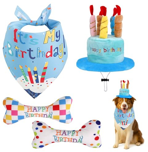 NVGVUP Juego de 4 juguetes de cumpleaños para perros, juguetes para perros con chirrido, sombrero de cumpleaños ajustable para mascotas, bandana de cumpleaños para perros pequeños, medianos