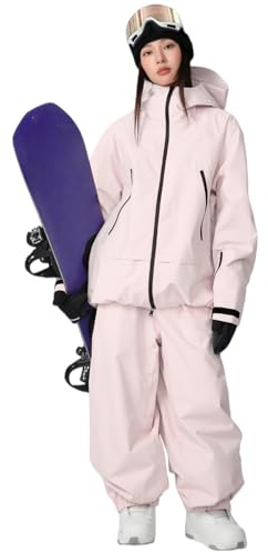 Skidjacka för män och kvinnor, skidbyxor, set skidkläder, 2 delar, snödräkt, vattenpelare, snöjacka, ventilerande remmar, vindtäta snöbyxor för skidåkning, snowboard, Ljusrosa, XXL