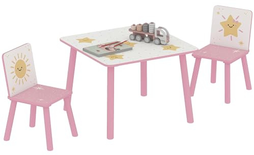 AIYAPLAY 3-Piece Kids Table and Chair Sets, Kids Table with 2 Chairs Set Furniture with Star Pattern for Boys and Girls, Bedroom, Nursery, Playroom, Pink