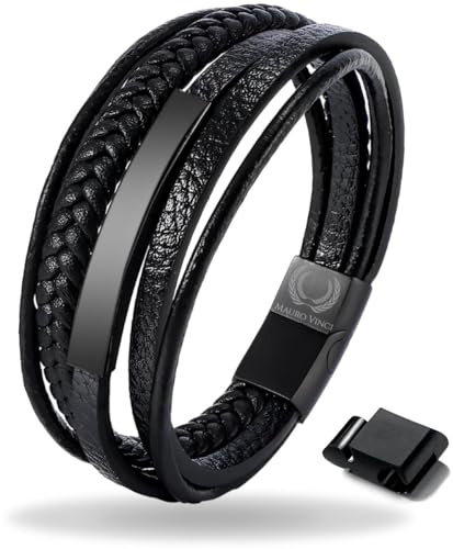 Mauro Vinci Lederarmband Herren schwarz - Doppelkordelarmband mit Magnetverschluss - Verstellbar von 19,5cm bis 21cm und 21,5cm bis 23cm.URO PLANO- Armband Leder schwarz (Schwarz, M: 19,5cm - 21cm)