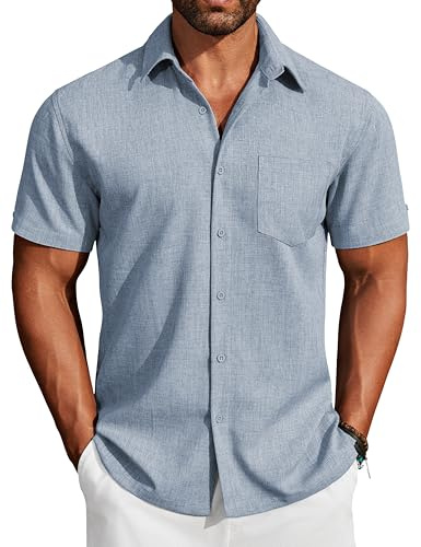 COOFANDY Chemise Homme Manches Courtes Coupe Régulière Été Décontractée Vacances sans Repassage Boutonnée avec Poche Bleu Marine XXL