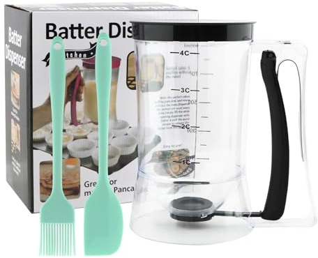 Pancake Batter Dispenser, Cupcake Batter Dispenser with Squeeze Handle & Oil Brush and Scraper, Baking Tool for Precise Portion Control, for Pancakes Cupcake, Waffle, Muffin Mix(Black)