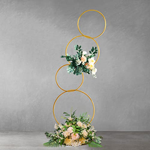 YALLOVE 1.6M Gold Metal Flower Arch Frame, Round Hoop Backdrop Stand, 4 Tier Round Wedding Arch Stand Garland Stand for Wedding Event Party Photo Aisle Table Centerpiece Backdrop Decoration