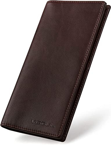 VISOUL Portafoglio Lungo in Vera Pelle da Uomo con Blocco RFID, Portafogli Verticale da Uomo Portafoglio Slim Bifold con 3 Scomparti Banconote e 12 Slot per Carte credito (Caffè)