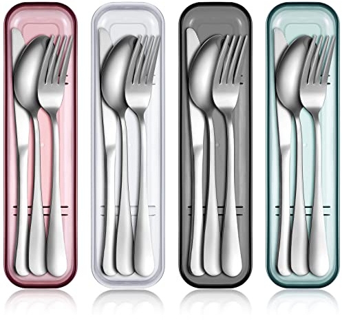Yinkin 4 Pack Portable Travel Utensils Set with Case Reusable Stainless Steel Silverware Flatware Camping Cutlery Include Fork Spoon Knife for Work School Dishwasher Safe(White, Green, Red, Black)