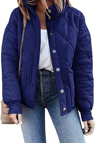 Fazortev Womens Dolman Quilted Jackets Casual Button Down Winter Long Sleeve Stand Neck Lightweight Warm Coat