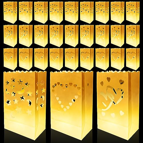 30 sacchetti di luce di carta, sacchetti luminosi: 3 stili, sacchetti di carta per candele, ignifughi, per candele a LED, lanterne di carta, per compleanno, decorazione da tavolo, matrimonio