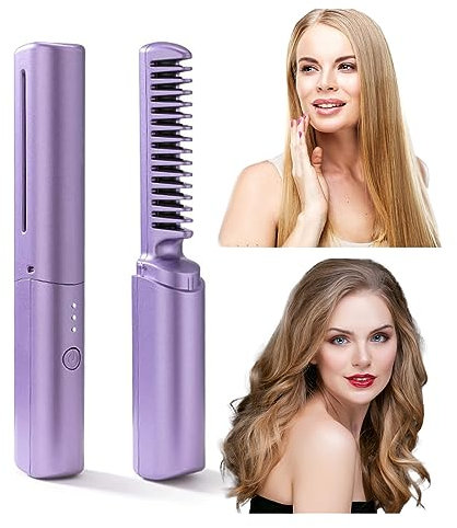 Mini Hair Straightener, USB Rechargeable Mini Portable Hair Straightener, 2 in 1 Cordless Travel Hair Straightener Brush and Curler, Curling Iron Ceramic Hair Curler for Short and Long Hair (Purple)