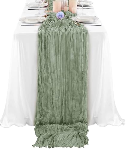 Seihtuch-Tischläufer Salbeigrün Boho, Gaze-Tischläufer Tischdecke Tischdeko für Hochzeit Vintage, Geburtstag, 90 x 300 cm