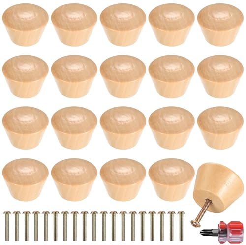 Heozhuyi 20 Pcs Wooden Door Knobs Handles, 38mm Wooden Round Kitchen Furniture Drawer Cupboard Wardrobe Cabinet Door Pulls Knobs Handles, with Screws and Mini Screwdriver (38X26MM)