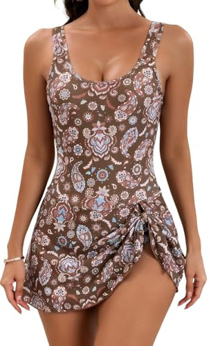 Floral Maillot de Bain Une Pièce Femme Rétro Fleur Brune Jupette Bikini de Plage avec Ourlet Fendu Sexy Slim Swimsuit XXL