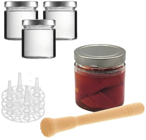 Fermentieren Starter-Set 4 Fermentiergläser 410 ml mit Blueseal Deckel (PVC frei), Fermentiergitter + Holzstampfer