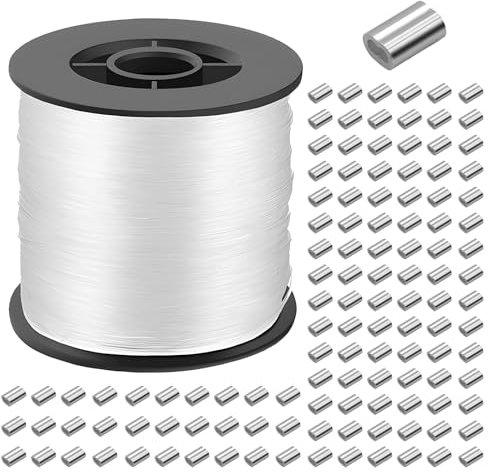 200m Strong Clear Invisible Hanging Wire,0.8 mm Nylon String Picture Frame,Fishing Wire for Hanging Crafts with 120 Pcs Crimping Sleeves for Hanging Picture Decoration