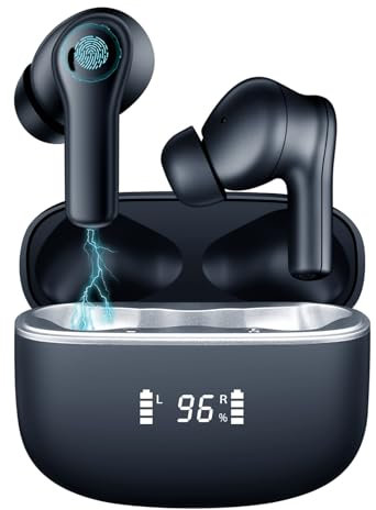 LAITIN Écouteurs Bluetooth 5.4, intra-auriculaires stéréo HiFi avec 4 micro, écouteurs sans fil, ANC ENC réduction du bruit, 40 heures de lecture, étanche IPx4, contrôle tactile, écran LED (noir)