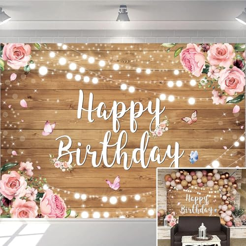 Fond d'anniversaire De Fleur en Bois Rustique Fleur Scintillant Mur en Bois Fleur Rose Joyeux Anniversaire Photographie Fond Fille Nouveau Né Fête d'anniversaire Gâteau Table Décoration Bannière