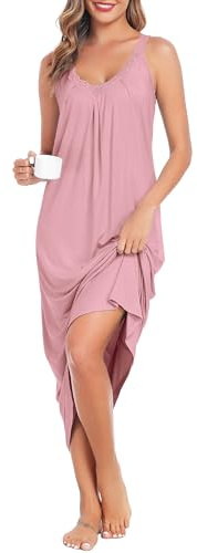 Vlazom Women Nightdress Soft Long Nighties Elegant Lace V-Neck Nightgown Sexy Negligee for Ladies Loose Casual Dress Dusky Pink,L
