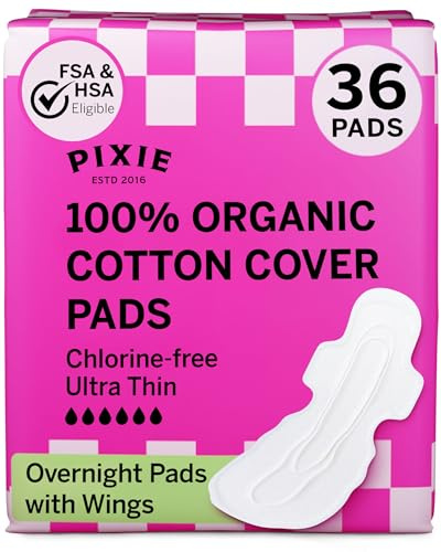 Pixie Organic Cotton Ultra Thin Overnight Pads for Women - Extra Heavy Absorbency with Wings - Leak-Proof, Hypoallergenic & Unscented - Compostable, Biodegradable - FSA Eligible - 36 Count
