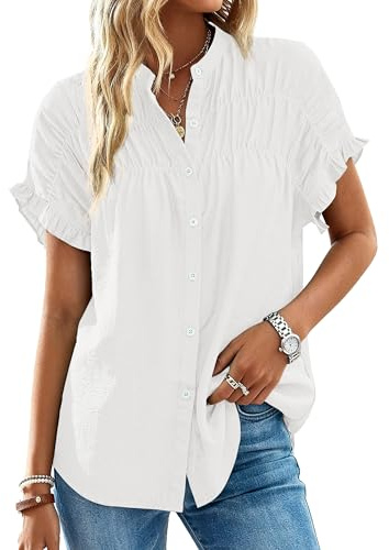MASCOMODA Womens 2026 Button Down Shirts Ruffle Short Sleeve Loose Summer Tops Dressy Casual V Neck Business Work Blouses(White,Large)