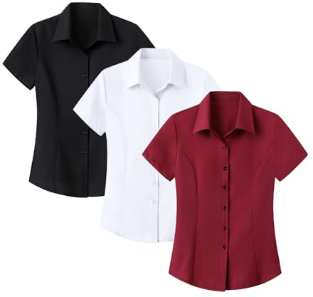 JOASDAO Camisas de trabajo de manga corta para mujer, paquete de 3 unidades, ropa de entrevista profesional, elástica, manga corta, con botones, sin arrugas, no necesita planchado, ropa de oficina