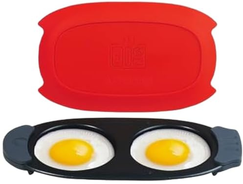Wodsty Olla de huevos de microondas de calentamiento rápido con cámaras dobles para desayunos rápidos y sin desorden, rojo, 20 x 10 x 3 cm, silicona, antiadherente y diseño portátil