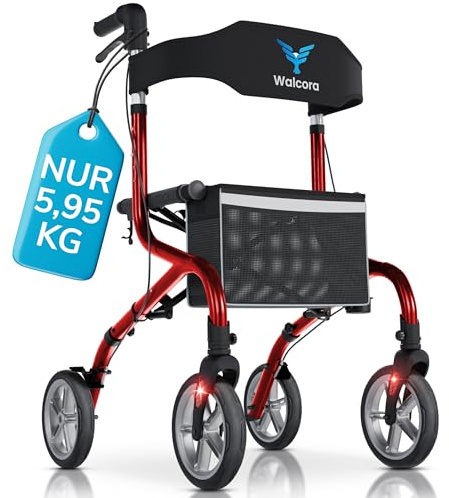 SuperLight Rollator – ultraleicht (5,95 kg) – Faltbar und leicht mit Sitz – ideal für Alltag & Reise – Gehhilfe für Senioren – Klappbar, Stockhalter, Walker, Rollatoren – Rot