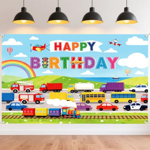 CRAFTYMELODY Cartel de feliz cumpleaños con temática de transporte, 182 x 111 cm, colorido fondo de coche, tren, avión, telón de fondo de fiesta, decoración de pared para interiores y exteriores con