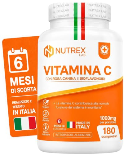 Nutrex Lab – Vitamina C 1000mg Integratore - 180 Compresse 6 Mesi di Scorta con Rosa Canina e Bioflavonoidi - Vitamin C Alto Dosaggio Vegano Senza Glutine - Made in Italy