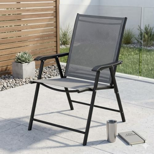 BritHaus Folding Garden Chair – Outdoor Patio Chair with Breathable Textilene Mesh, Lightweight Steel Frame, Stackable & Weather-Resistant Seating for Garden, Balcony & Camping – Black (Black)