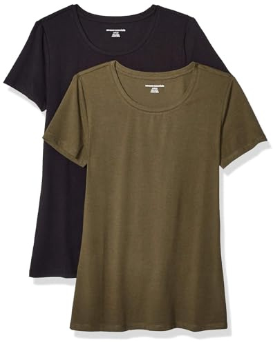 Amazon Essentials Women's 2-Pack Short-Sleeve Crewneck Solid T-Shirt Shirt, -Olive/Black, M