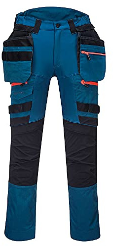 Portwest DX440 Lightweight Detachable Holster Work Trousers Mens Multi Pockets Stretch Safety Workwear Cargo Combat Pants with Free Knee Pads Metro Blue, 30