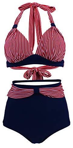 Bslingerie® Women Halter Retro High Waisted Bikini Swimsuit 2 Pcs Set (Sailor Stripe, 3XL)