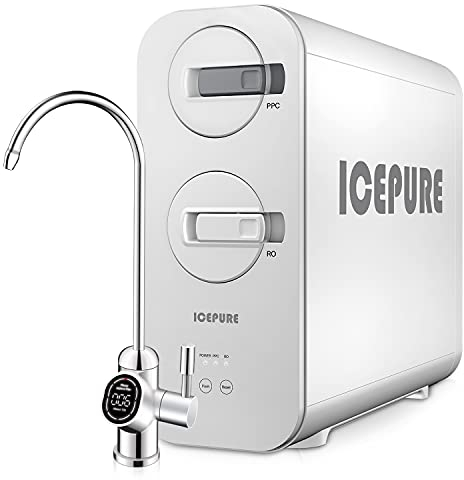 ICEPURE Sistema de filtración de agua de ósmosis inversa UTR400 RO, reducción de TDS, relación de drenaje bajo 1.5: 1, flujo rápido de 600 GPD, grifo inteligente, tecnología de los E.E.U.U