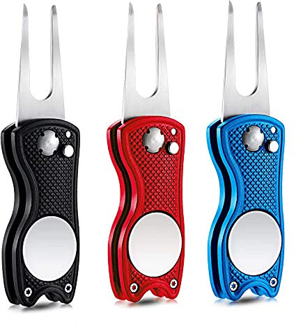 AMRTA Golf Divot Repair Tool with Magnetic Ball Marker Value 3 Pack, Golf Pitchfork Switchblade Foldable Metal Pop-up Button for Golfer Outdoor (Stainless Steel Black Blue Red - 3 Pack)