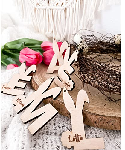 minimutz Personalisierter Osteranhänger Buchstabe Hase | Geschenkanhänger mit Name Gravur | Holz-Anhänger für Geschenke Ostern Osternest befüllen