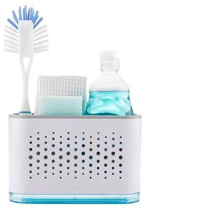 Minky Slimline Sink Tidy, Caddy With Removable Drip Tray, Storage Organiser, Brush and Sponge Holder for Kitchen, Cleaning Organiser, Made in The UK (White/Light Grey)