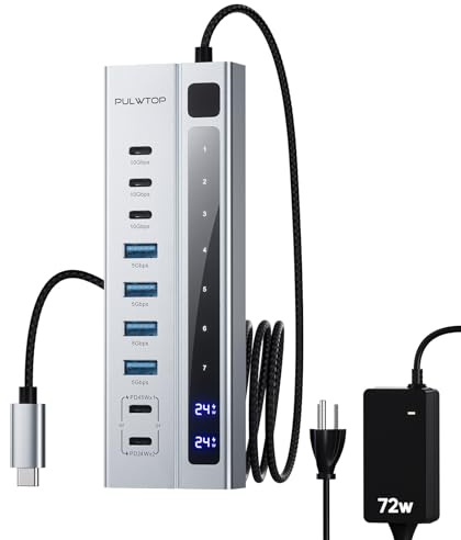 PULWTOP 9-in-1 Powered USB Hub, 3 x USB-C 10Gbps, 4 x USB-A 5Gbps, 2 x 20/45W USB-C PD Charging Ports, UK Plug Power Adapter, Supports Mac, PC and USB Flash Drives