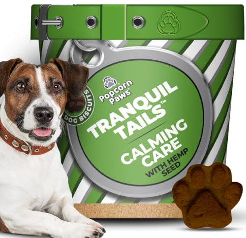 Popcorn Paws Tranquil Tails, Chicken Flavoured Dog Calming Treats - Reduce Stress, Fear, Barking and Separation Anxiety - Contains Hemp Seed, Ashwagandha & Valerian Root Extract, 120g