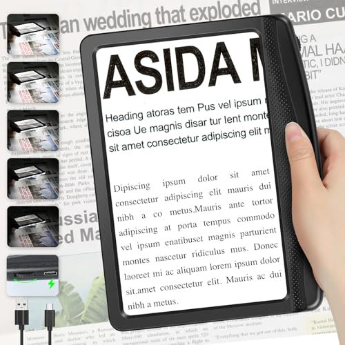 5X Rechargeable Magnifying Glass for Reading, Full Page Magnifier with Dimmable LED, Lightweight HandHeld Magnifying Glass with Light for Reading Books, Newspaper, Small Print for Seniors