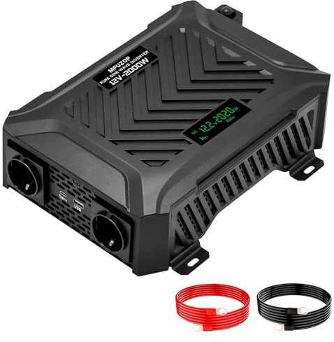 MFUZOP Wechselrichter 12V auf 230V Reiner Sinus 2000W/4000W Spannungswandler 12V intelligentem Erkennungssystem mit 2 EU Steckdose, 1 Type-CAnschluss, 2.1A USB-Anschluss (12V-2000W)