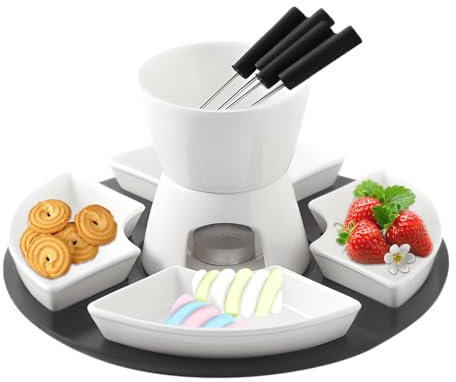 Juego de olla de cerámica para fondue de chocolate con 4 tenedores y 4 platos, juego de fondue de mantequilla de 300 ml, vela de té, olla de fondue y calentador de mantequilla para queso, chocolate y