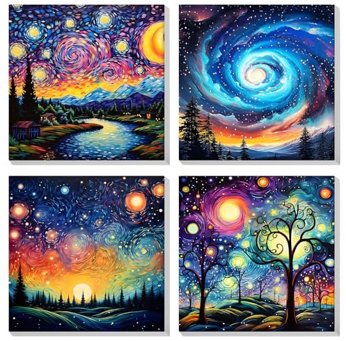 MOGTAA 4 Pack Malen Nach Zahlen Erwachsene mit Rahmen, Sternenhimmel Malen nach Zahlen Kits für Erwachsen Anfänger, DIY Acrylfarben Ölgemälde Leinwand Set für Home Dekor, 20x20cm