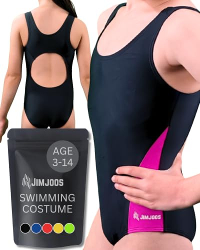 JIMJOOS 3-14 Years One Piece Girls Swimming Costume - Non See Through Kids Swimsuit - Quick Dry Racerback Children Swimwear Ideal for Swimming, Beach and Water Sports Activities (11-12 Years, Pink)