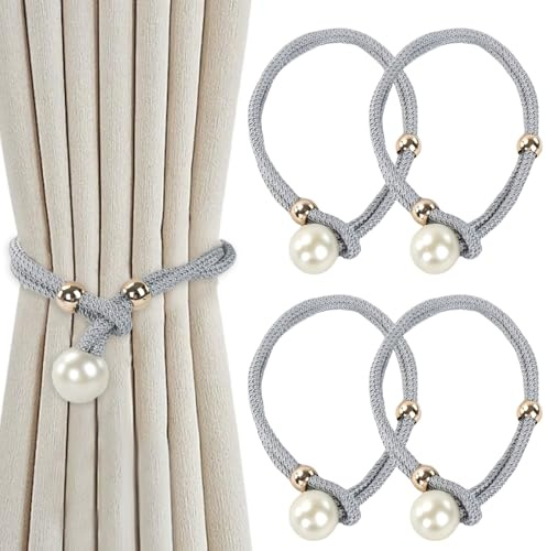 HMIEPRS 4 Pezzi Fermatende per Tende, Tiranti Regolabili per Tende con Perle, Bande di Tende Tessute con Cordino, Fermatenda in Corda Decorativa per Decorazione Della Casa Camera da Letto (Grigio)