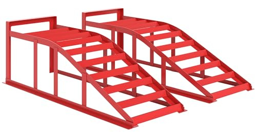 HOMCOM 2 rampe di accesso per auto, rampa di sollevamento auto, in acciaio, antiscivolo, per la manutenzione e la riparazione di veicoli, per garage, casa, officina, colore rosso