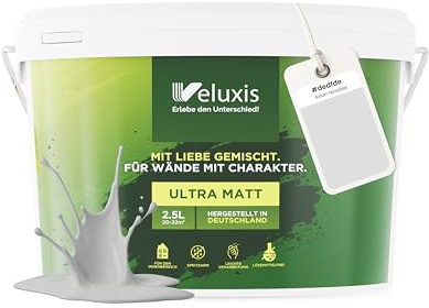 Veluxis® Wandfarbe Grau für den Innenraum - 2,5 Liter & Deckkraft-Klasse 1, Streifenfrei, tropfarm & Öko Farbe, VOC-frei - (Asian Noodles)