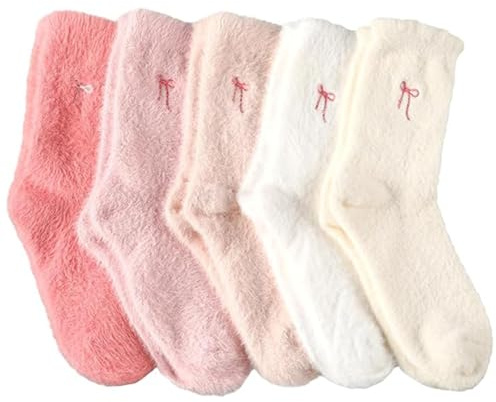 CharmBurst 5 Pairs Fluffy Cosy Socks Ladies With Bow, Warm Winter Socks, Thick Furry Socks For Home, Winter Thermal Socks Ladies, Soft Sleep Socks