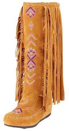 Generisch 2025 Bottes western pour femme avec franges, fermeture brodée, franges, mi-mollet, bottes plates pour femme, bottes de neige longues avec pompon pour femme, taille 44, jaune, 40 EU
