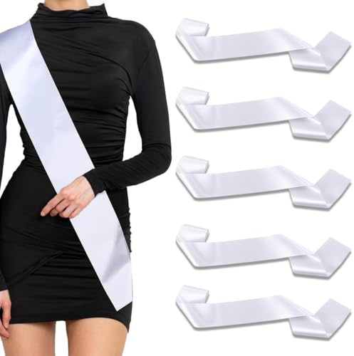 JYNXOR Lot de 5 écharpes Blanches Vierges en Satin - 160 x 9,5 cm - Pour Femme, Bricolage, Decoration Mariage, Enterrement De vie de Jeune Fille, Mariage, Fête d'anniversaire, Remise de Diplôme